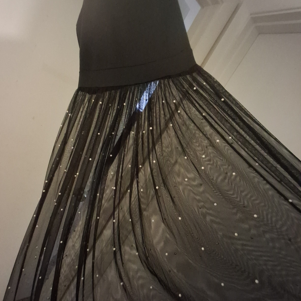 Elegant Black Sheer Dress with Pearl Accents